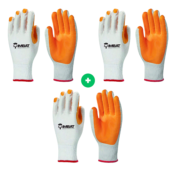 Kit 3 Luvas de Malha IMBAT Tamanho G com Revestimento em Látex Vulcanizado