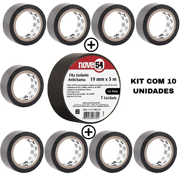 Kit 10 Fitas Isolantes Nove54 19mmx5m Preta Antichama
