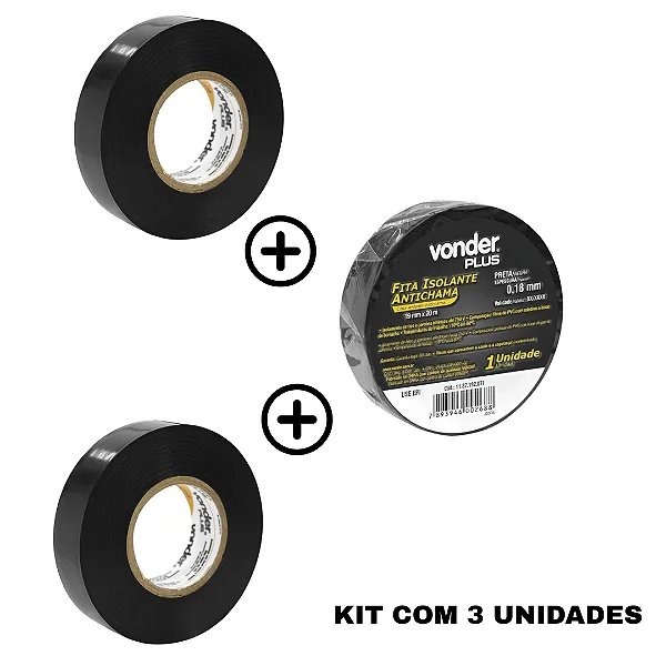 Kit 3 Fitas Isolantes Vonder Plus 19mmx20m Preta 750V