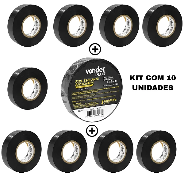 Kit com 10 Fitas Isolantes Vonder Plus Preta 19mm x 20m Antichama até 80°C 750V