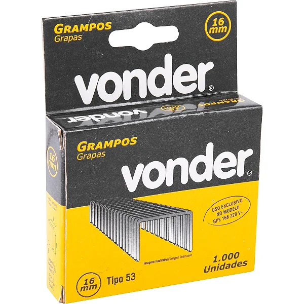 Grampo Tipo 53 Vonder 16mm Zincado Caixa com 1000 Unidades Compatível com Grampeador Elétrico GPE168