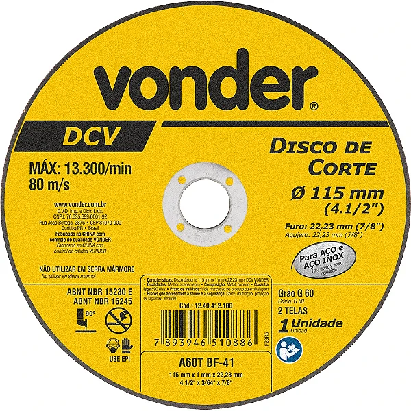 Disco de Corte Vonder 4.1/2" x 1mm p/ Metal e Aço Inox – 115mm