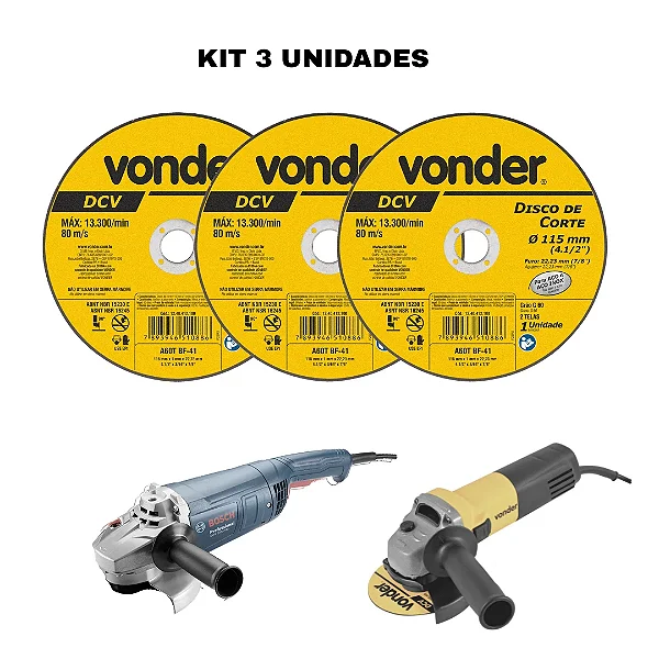 Kit 3 Discos de Corte Vonder 4.1/2" x 1mm p/ Metal e Aço Inox – 115mm