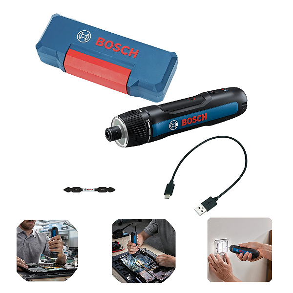 Parafusadeira Sem Fio Bosch GO 3 3,6V – 5 Nm, 360 rpm, 7 torques, LED, USB-C, com estojo e 1 ponta  Frase de Variação Es