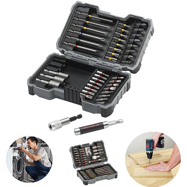 Jogo de Bits, Pontas e Soquetes Bosch 43 peças – encaixe 1/4", aço resistente, com estojo