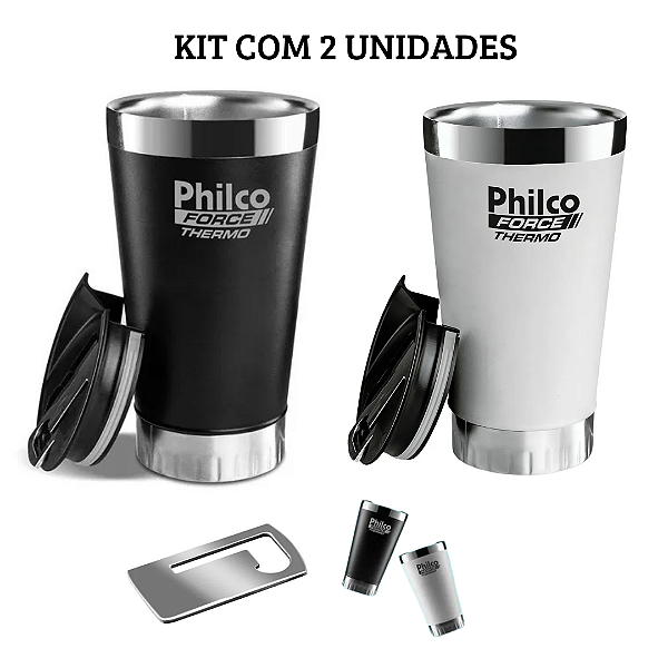 Kit 2 Copos Térmicos Philco 475ml Branco E Preto – Quente E Frio, Aço Inox Com Tampa