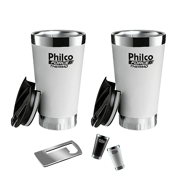 Kit 2 Copos Térmicos Philco Branco Inox 475ml – Mantém Bebidas Quentes ou Frias por Horas