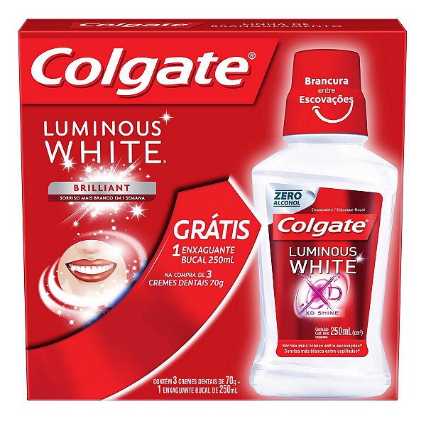 Colgate Kit 3 Cremes Dentais Luminous White 70g + 1 Enxaguante Bucal Luminous White 250mL