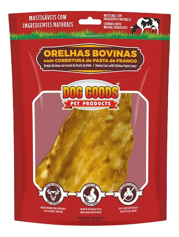 Petisco Mastigável Dog Goods Orelha Bovinas com Cobertura de Paste de Frango para Cães