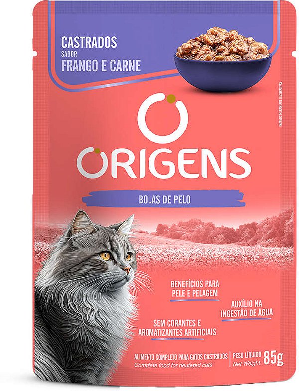Sachê Origens para Gatos Castrados Sabor Frango e Carne 85g