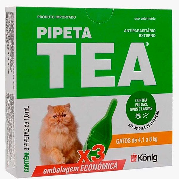 Combo Antipulgas Antiparasitário Tea Pipeta 1,0ml para Gatos de 4,1 até 8kg