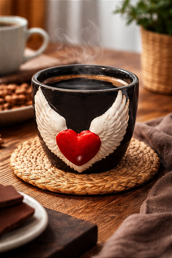 Caneca cerâmica artesanal coração alado