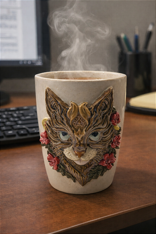 Caneca artesanal cerâmica gato florido