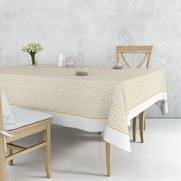 Toalha de Mesa Retangular - Bege e Branco