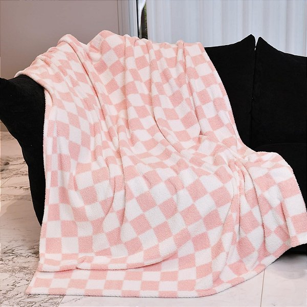 Manta quadriculada para sofá, cama, cadeira de viagem para todas as estações, 152 x 125 cm Rosa claro