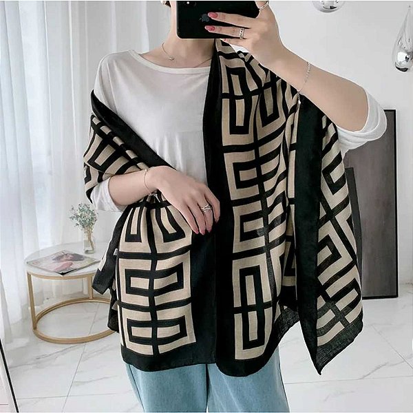 Lenço Cachecol Echarpe Grande Colors Feminino Preto/bege