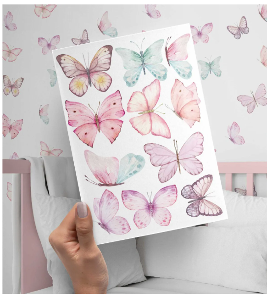 Adesivos de Parede Borboletas Jardim Lavanda Aquarela - Cartela decorativa