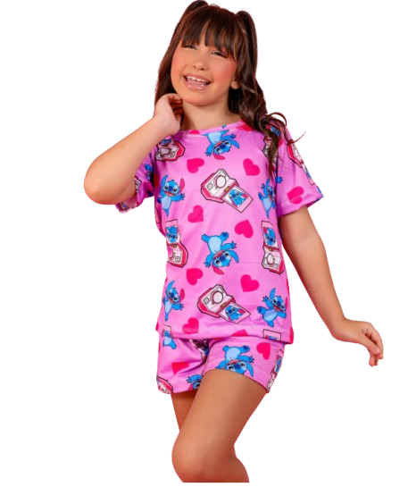 Pijama Baby-Doll Infantil Feminino Stitch rosa