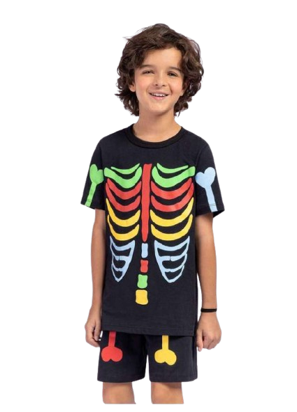 Pijama Kids Unissex Halloween Esqueleto Colorido