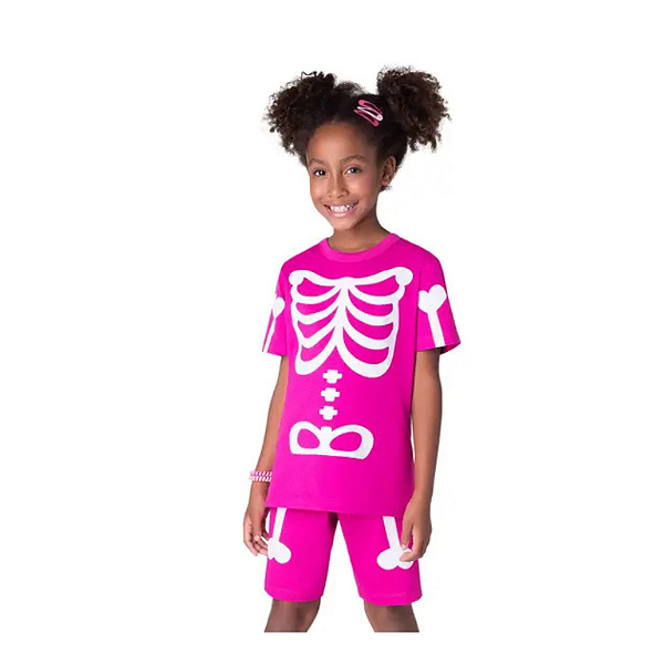 Pijama Kids Unissex Halloween Esqueleto Rosa