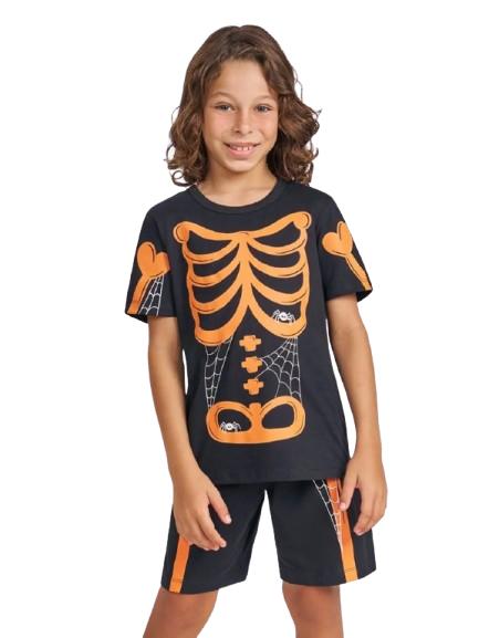 Pijama Kids Unissex Halloween Esqueleto Laranja