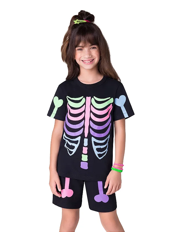 Pijama Kids Unissex Halloween Esqueleto Color