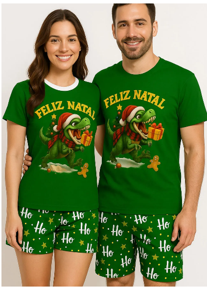 Kit Pijama Casal Verão Natal Dino Verde