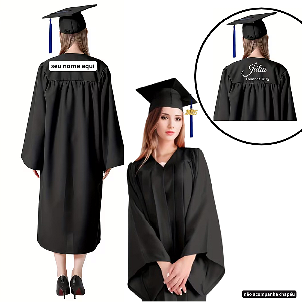 Beca,Toga, Bata, túnica unissex Preto- para graduação adultos Personalizado