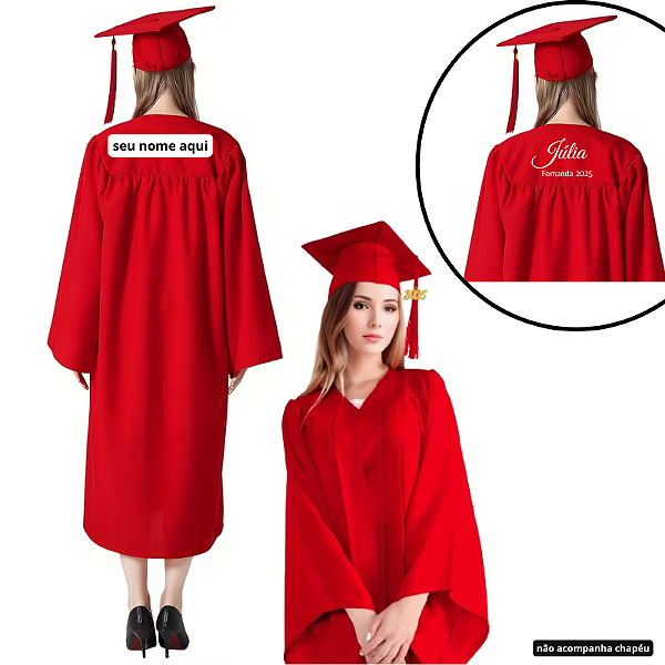 Beca,Toga, Bata, túnica unissex Vermelho - para graduação adultos Personalizado