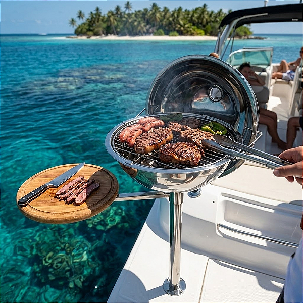 Churrasqueira Náutica Aço Inox 304 Overboat PT-320 Articulada com Mesa de Apoio (Popa)