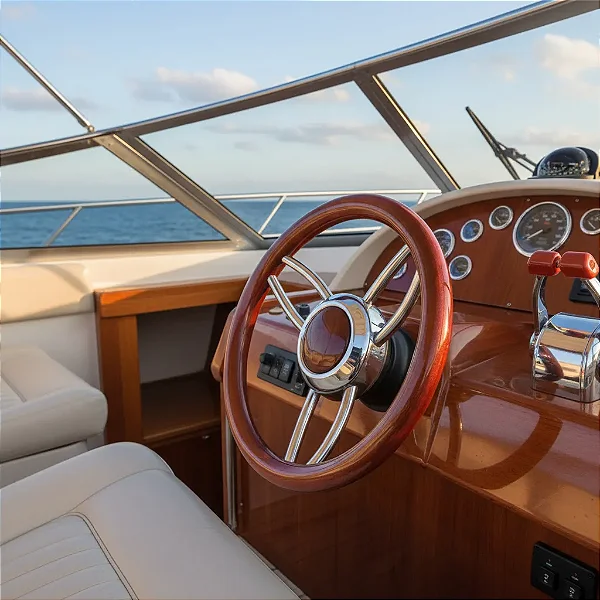 Volante Náutico Savoretti 350mm em Madeira Mogno e Aço Inox