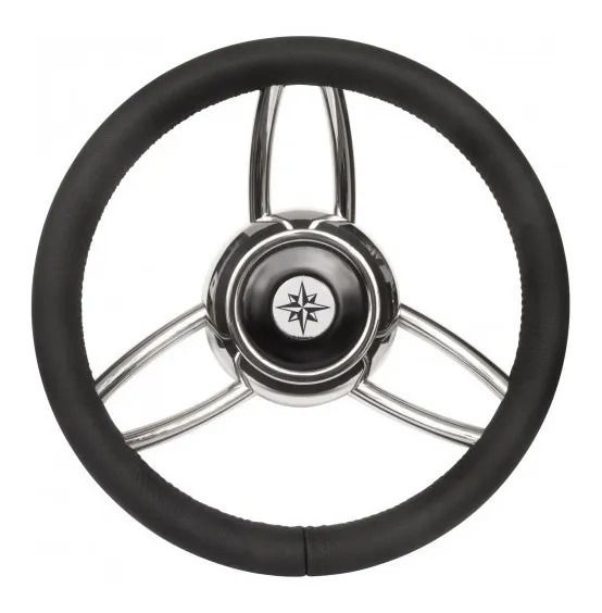 Volante Náutico Savoretti 35cm em Aço Inox e Couro Preto
