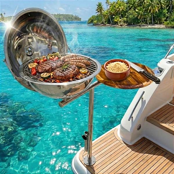 Churrasqueira Náutica em Aço Inox 304 Overboat PGM-314-M com Suporte para Tábua e Guarda-Sol (Popa)