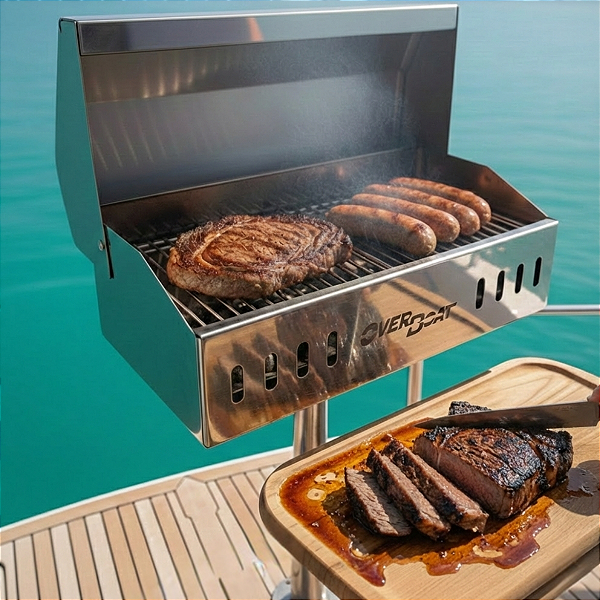 Churrasqueira Náutica em Aço Inox 304 Retangular Overboat PTR-460 com Suporte e Tábua (Popa)