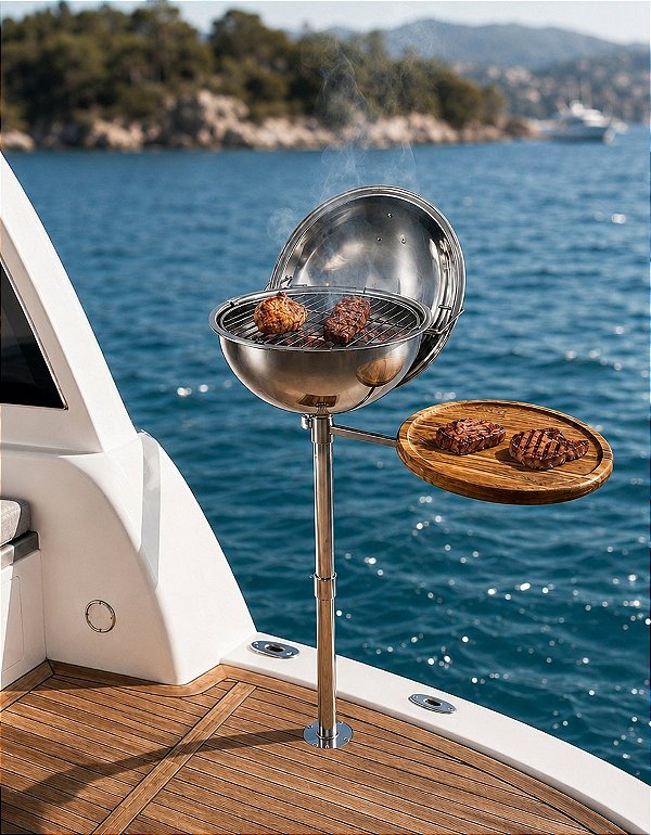 Churrasqueira Náutica em Aço Inox 304 Overboat PT-350 com Mesa de Apoio Articulada (Popa)