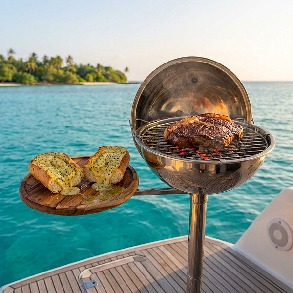 Churrasqueira Náutica em Aço Inox 304 Overboat PT-350 com Mesa de Apoio Articulada (Popa)