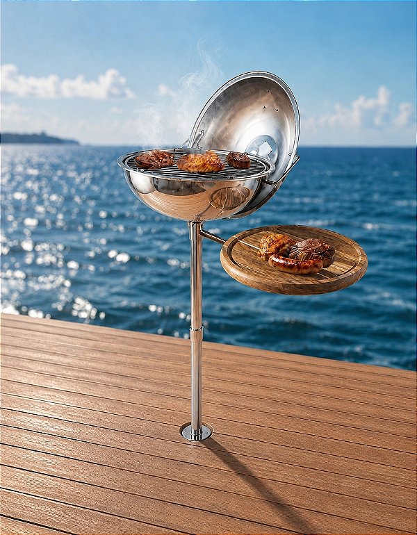 Churrasqueira Náutica Extra Grande em Aço Inox 304 Overboat PT-430 com Mesa de Apoio (Popa)