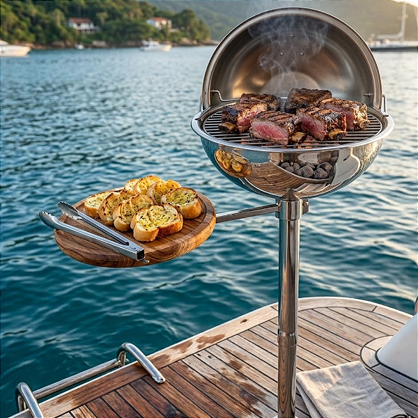 Churrasqueira Náutica Extra Grande em Aço Inox 304 Overboat PT-430 com Mesa de Apoio (Popa)
