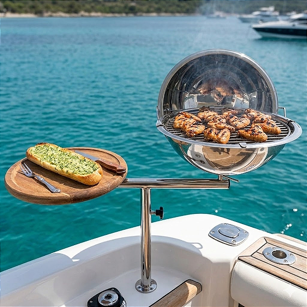 Churrasqueira de Costado em Aço Inox 304 Overboat CTG-314 com Tábua de Teca e Suporte para Guarda-Sol