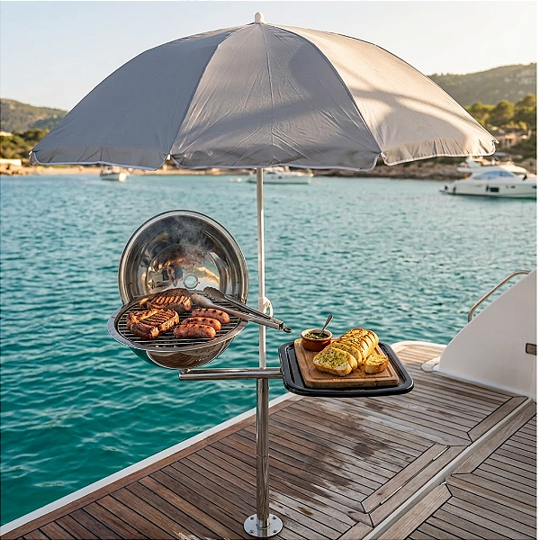 Churrasqueira Náutica Overboat PGM-314-G Inox com Tábua de Fibra e Guarda-Sol