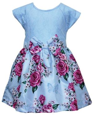 VESTIDO INFANTIL FLORAL COM RENDA E LAÇO AZUL - DUDUKA