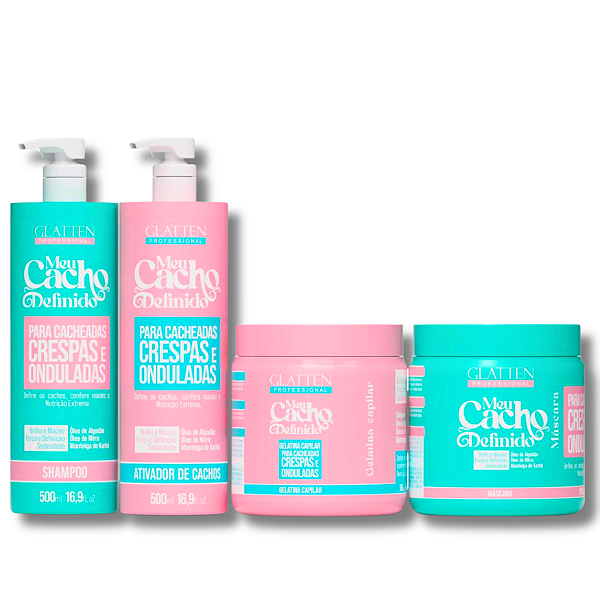 Kit Combo Meu Cacho Definido Shampoo + Ativador de Cachos + Máscara + Gelatina Glatten Professional