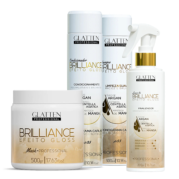 Kit de Salão Brilliance Shampoo + Condicionador + Máscara + Leave In Glatten Professional