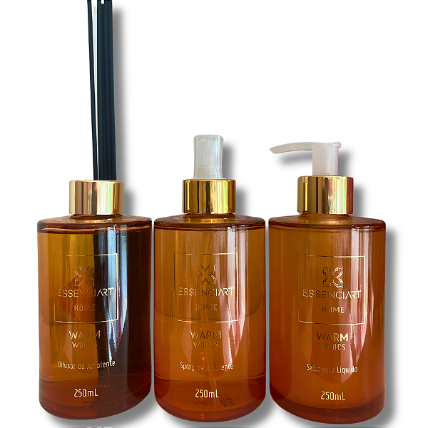 Kit Difusor de Ambiente + Sabonete Líquido + Spray de Ambiente  Warm Woods Essenciart Home