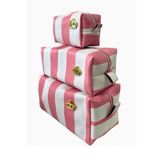 Kit 3 Nécessaires Branca com Rosa Feminina Organizadora para Maquiagem e Cosmético para Viagem