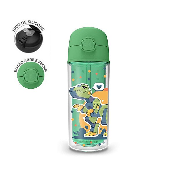 Garrafa Squeeze Termica 270ml Infantil Parede Dupla Canudo Silicone Agua Gelada Dinossauro