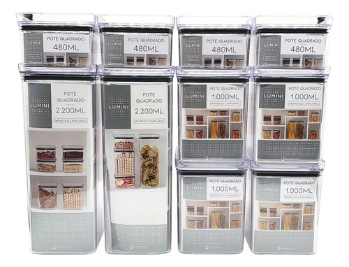 Kit Potes Mantimentos Hermético Quadrado Cozinha 10 Peças