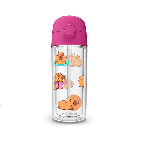 Garrafa Squeeze Termica 270ml Infantil Parede Dupla Canudo Silicone Agua Gelada Capivara Fofinha