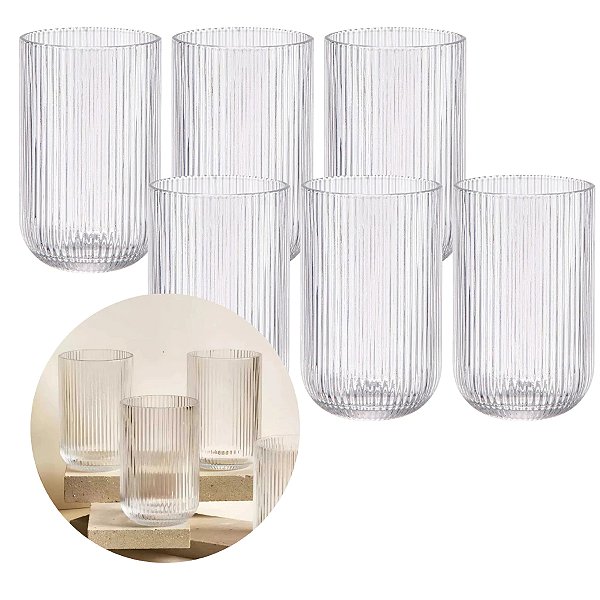 Jogo de Copos Água Suco Canelado Versalhes Transparente 6 unidades 450ml