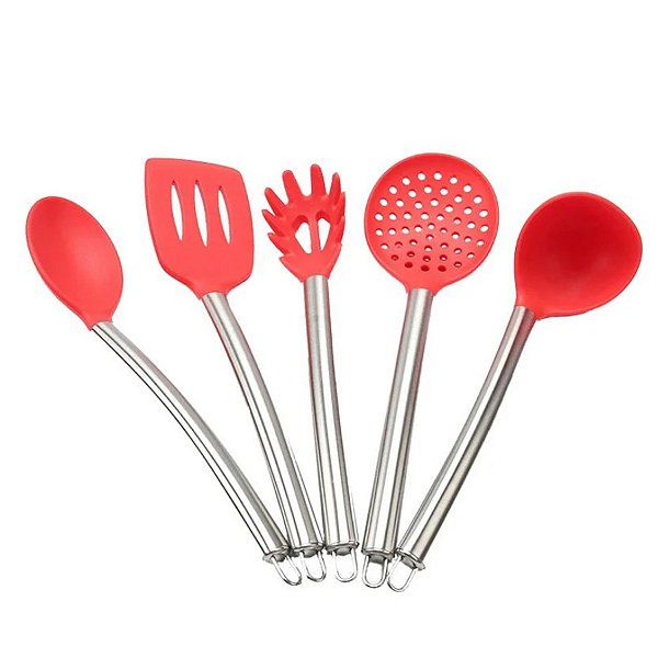 Kit Conjunto Utensílios Profissional 5 Peças Cozinha Silicone Inox
